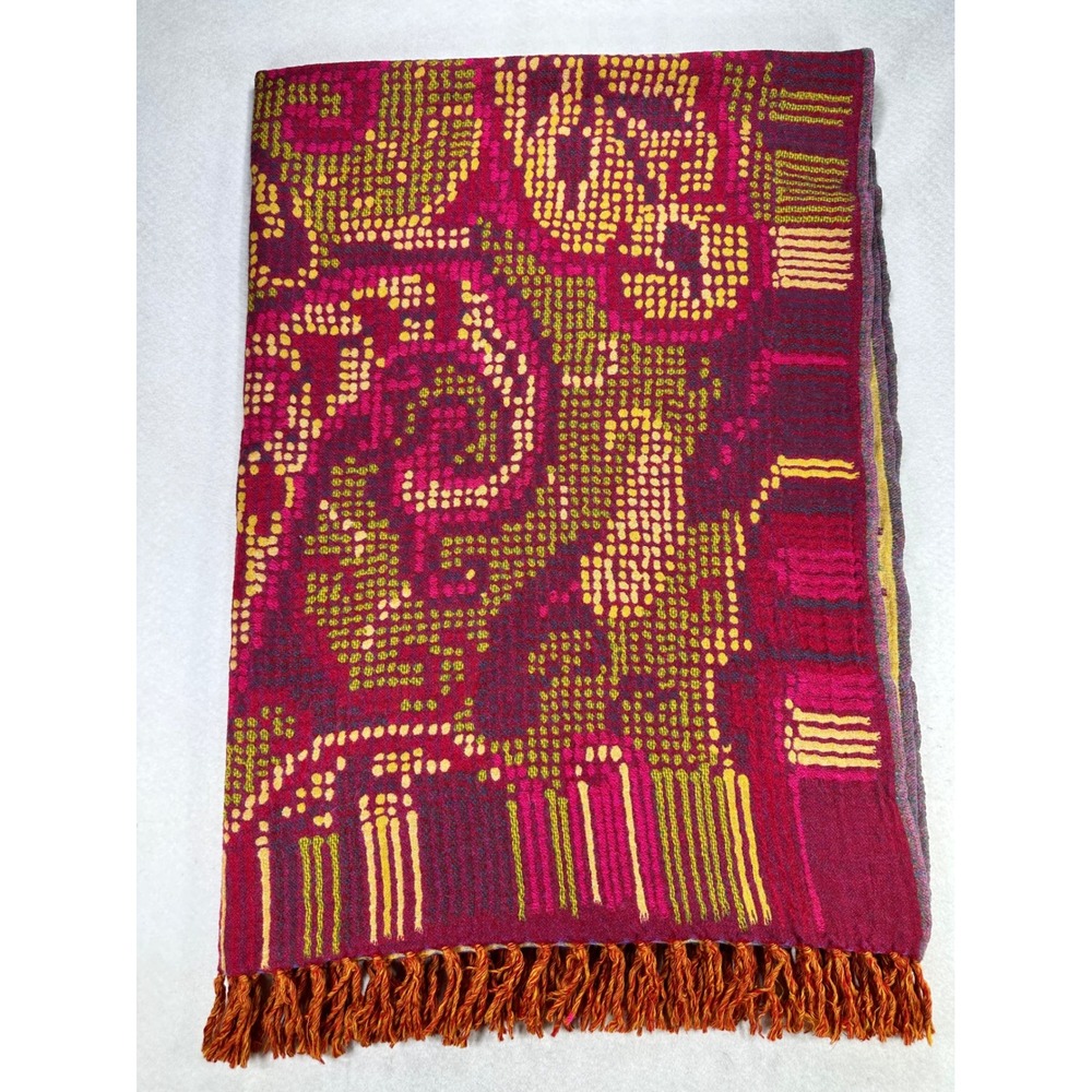 Shingora Home 100% Wool Throw Blanket Reversible Paisley Fringe Pink Gold India